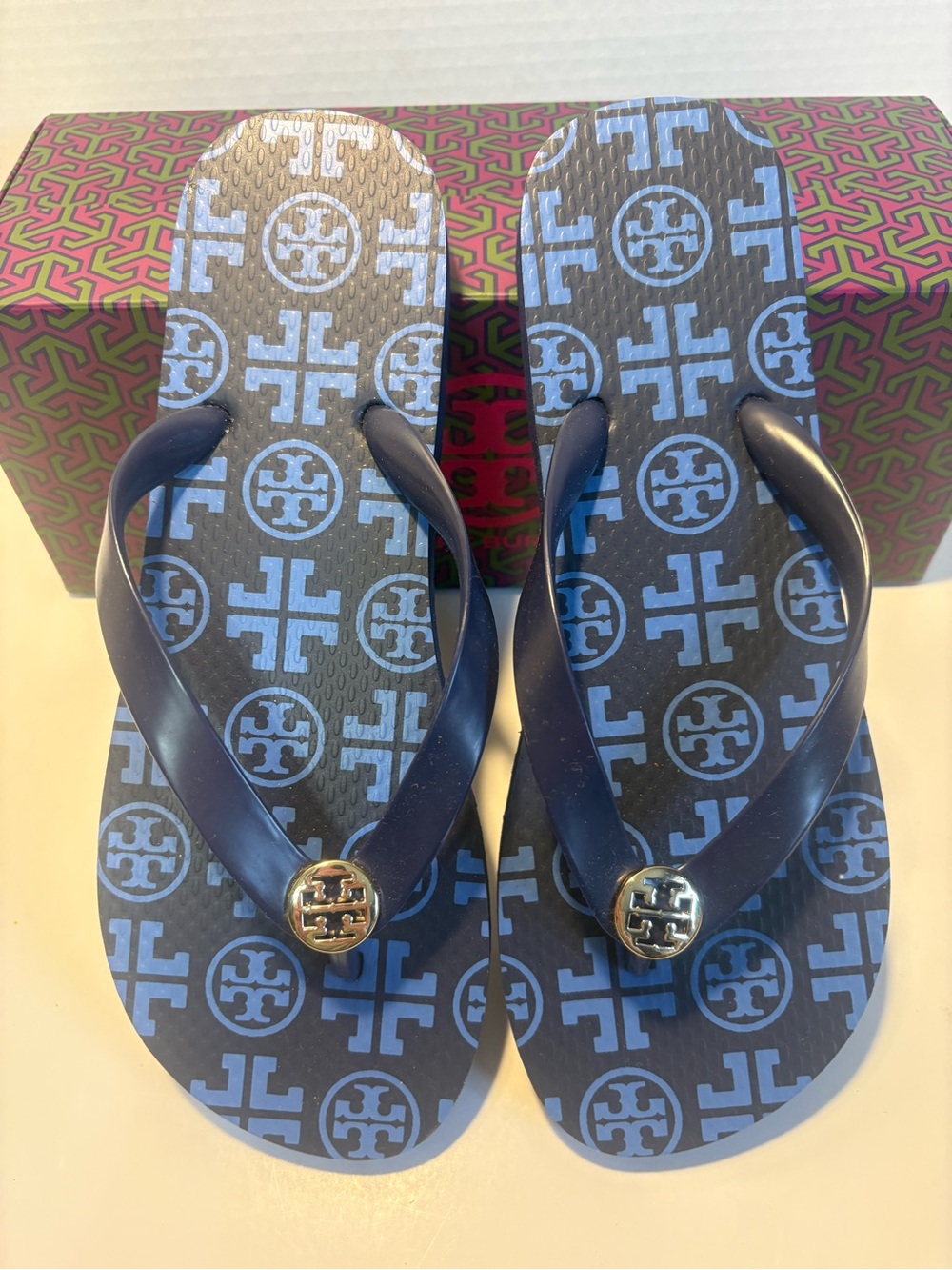 Tory Burch Navy and Light Blue Logo Flip Flops with Gold Medallions NWT
